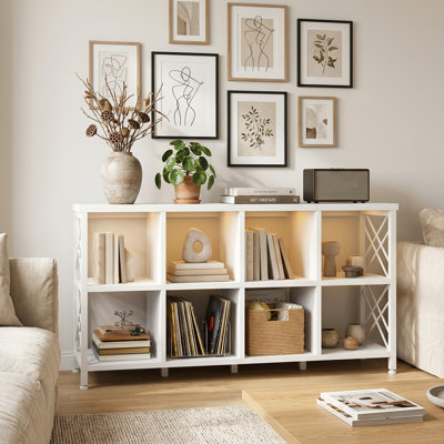 8-cube Bookcase With Led Lights & Charging Ports, Sturdy Storage Organizer For Home Office/living Room/bedroom ,57.09"W × 13.78"D × 29.92"H