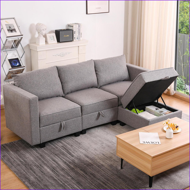 Canapés modulaires en L modulaire à 3 places avec repose-pieds convertible et amp; Rangement, gris foncé | Gris aube | Standard