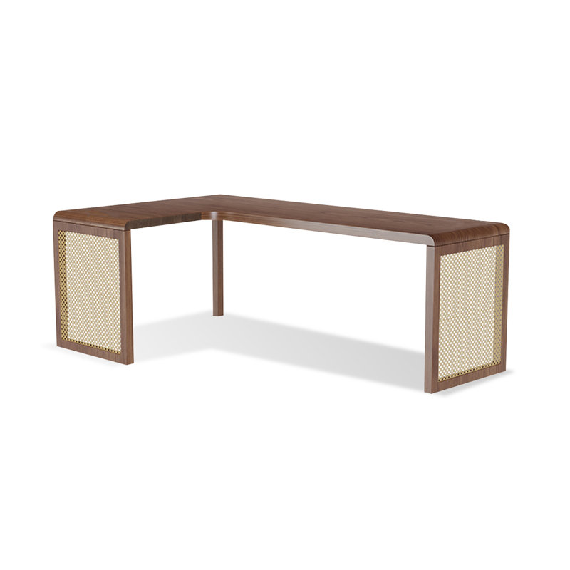 Bureau en bois massif en forme de L brun noyer + en rotin +, H 29,53 po x l 78,74 po x P 47,24 po, Retour à gauche