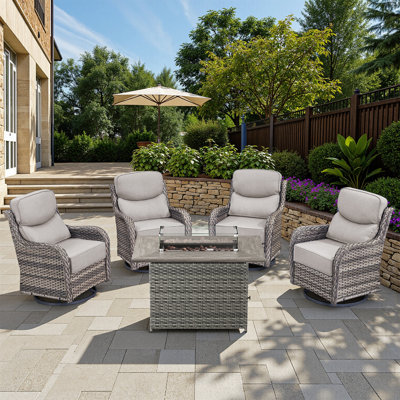 Outdoor Patio Multiple Swivel Rocking Chairs Seating Group With Wicker Fire Pit Table