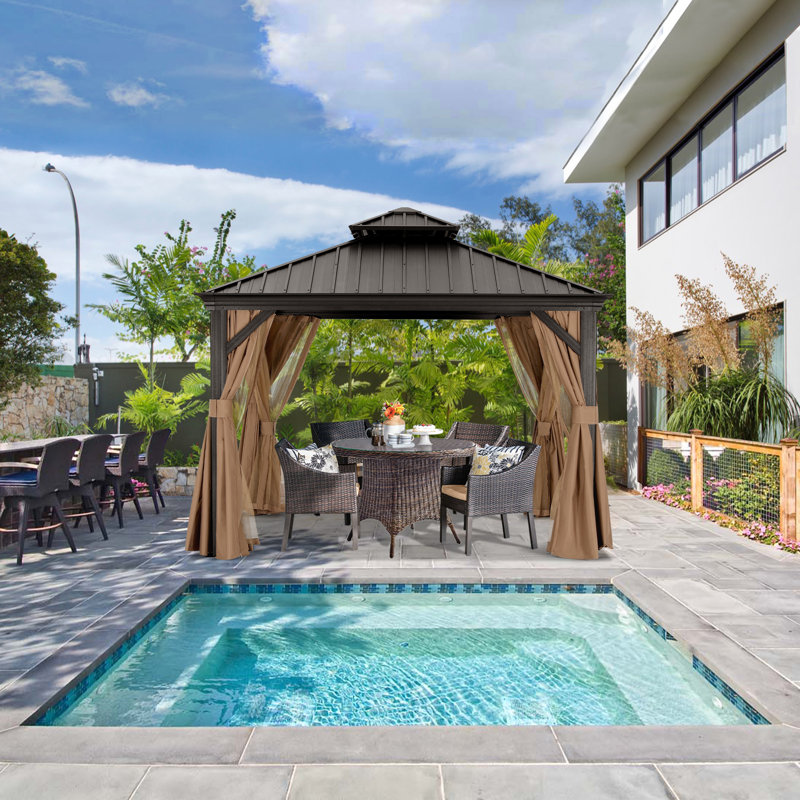 Aluminum Patio Gazebo Permanent Hardtop Gazebos, Khaki, 10 ft. x 10 ft.