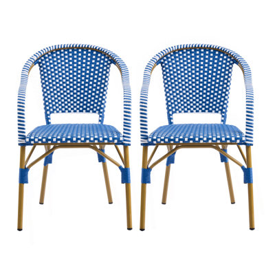 Chaises de bistro d'extérieur, chaises de patio avec cadre en aluminium, fauteuils en rotin résistant aux intempéries pour porche, jardin, cour, café (ensemble de 2), naturel + bleu + blanc