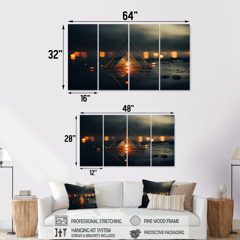 «Minimalist Triangle Essence I - Spiritual Stone», art mural sur toile 4 pièces, H 32 po x l 64 po