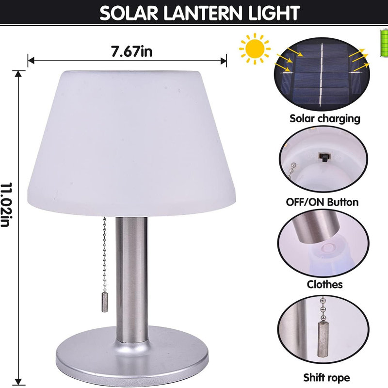 11.02'' Solar Table Lamp Outdoor Indoor - 3 Lighting Modes, Eye-Caring LED Waterproof Cordless Solar Desk Lamp With Pull Chain