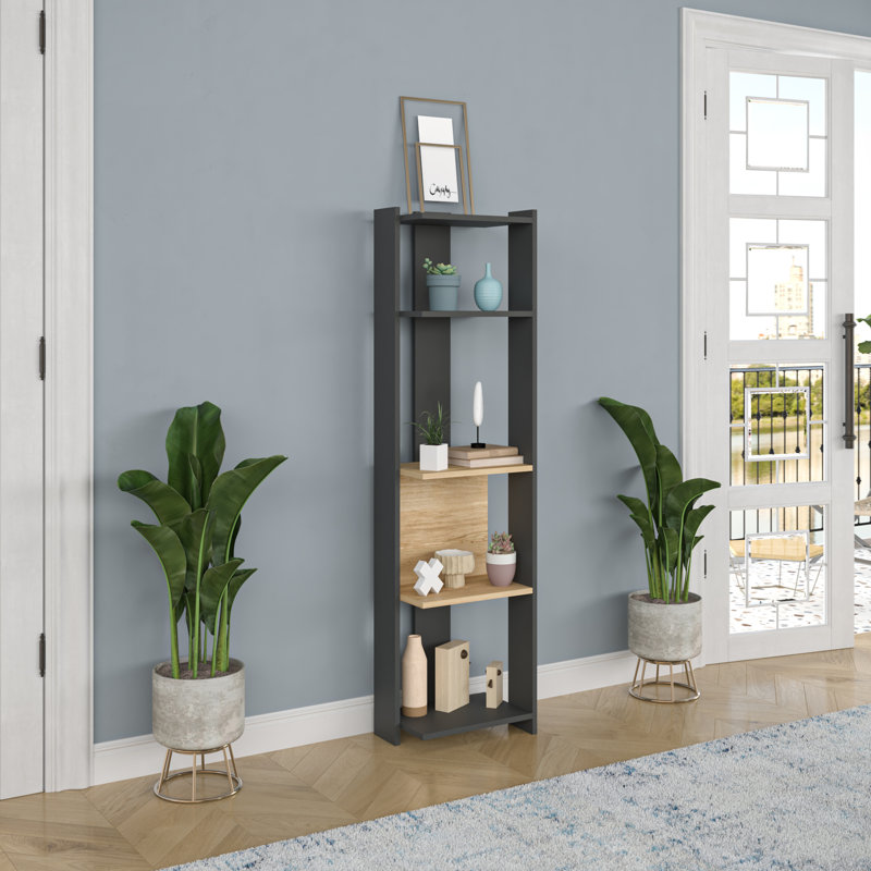 Stylish Anthracite w/ Oak Bookshelf, 5 Shelves, 64.9 x 10.6 x 65.0 inches | 100% Melamine Coated Particle Board, Thickness: 0.7 inches | Wall-Mountable, Modern Design Perfect for Living Room, Office w/ Study