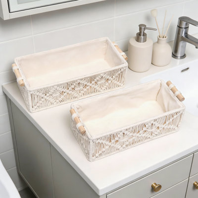 Handwoven Macrame Storage Basket With Handle - Cotton Rope Decorative Organizer For Bathroom, Nursery, And Home Decor