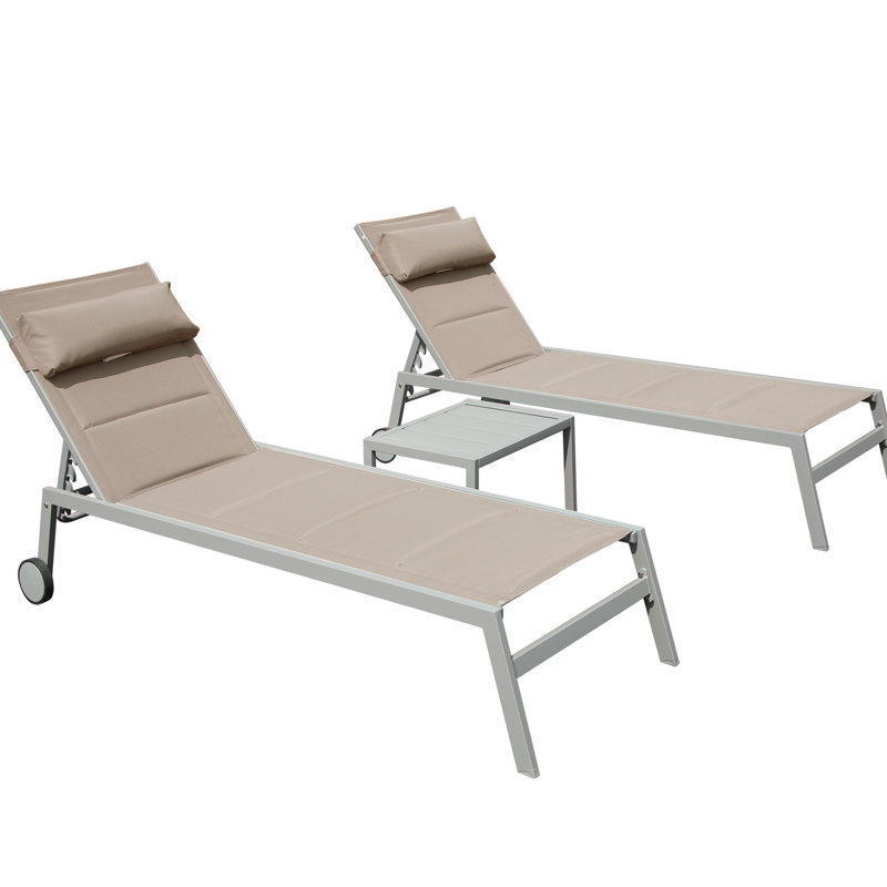 3 chaises longues d'extérieur kaki - chaises en aluminium avec table d'appoint et roulettes inclinables réglables pour la plage, la cour, le balcon et la piscine