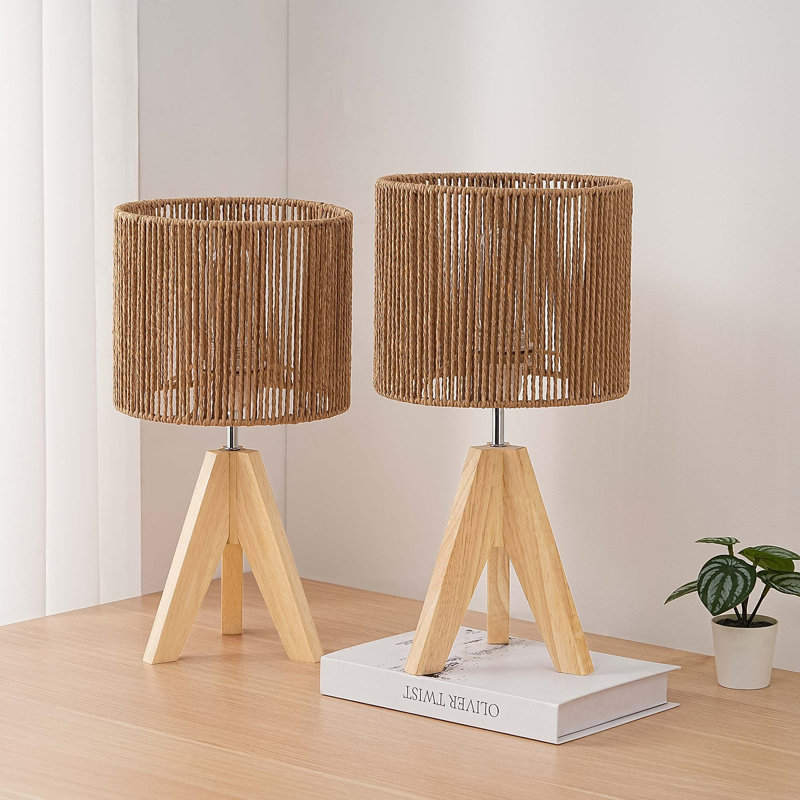Aurion 14.2" Beige Solid Wood Tripod Table Lamp Set with Rattan Shade