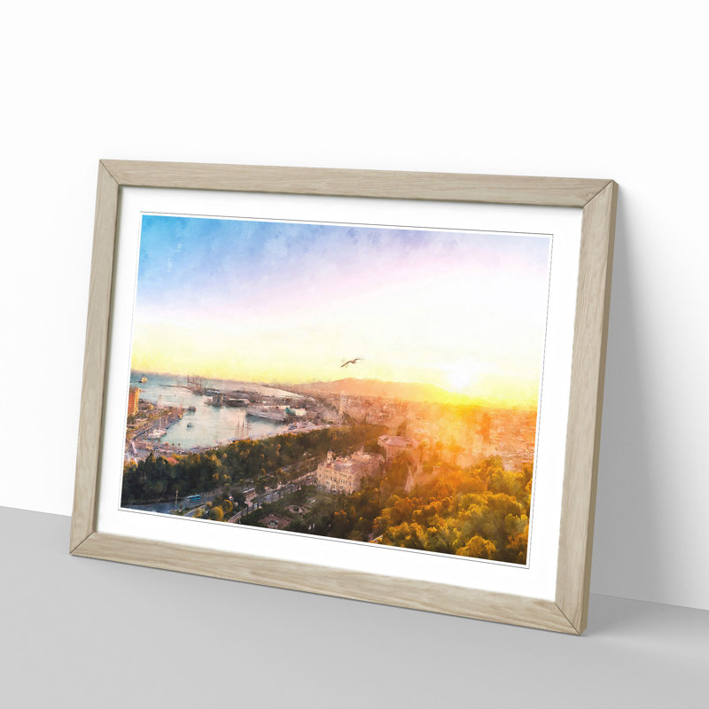 'Malaga Skyline in Spain' - Picture Frame Graphic Art Print, 45cm H x 63cm W x 2cm D, Oak Framed