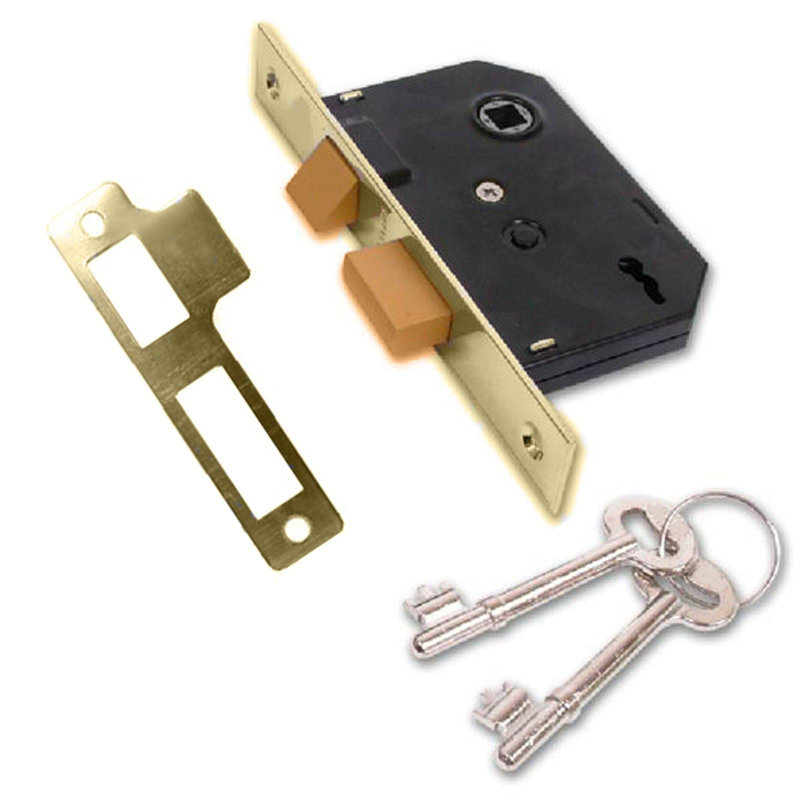  Bolt Through 3 Lever Sash Mortise Lock in Electro Brass Finish with 2 Keys - 64mm