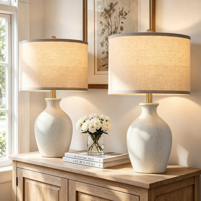 Lampes de table en céramique vieillie de 61 cm (24 po) avec abat-jour en lin, style campagnard, comprenant 2 ampoules DEL (ensemble de 2)