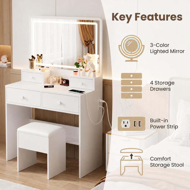 Makeup Vanity Desk with Lighted Mirror Charging Station and Storage Chair, White