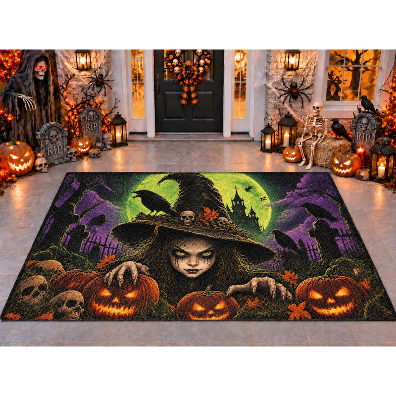 Tapis d'extérieur 5' x 7' Halloween Corbeau Lune Sorcière Tapis bouclé en PVC épais, solide et imperméable, tapis de patio robuste, tapis intérieur/extérieur à séchage rapide pour porche, terrasse, balcon, entrée.