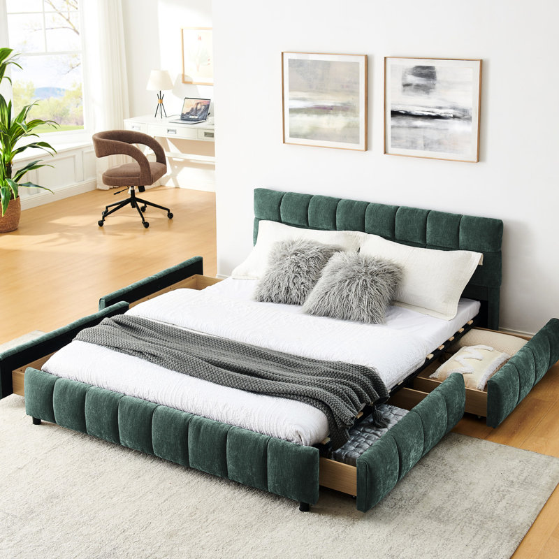 Grand lit plateforme avec revêtement et rangement en chenille - Tête de lit bleu moderne, élégante, confortable, confortable et rembourré