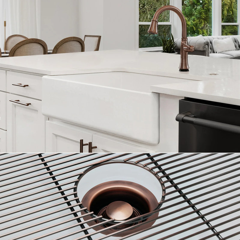 Luxury 36-Inch Solid Fireclay Farmhouse Sink, Flat Front, Antique Copper Accessories