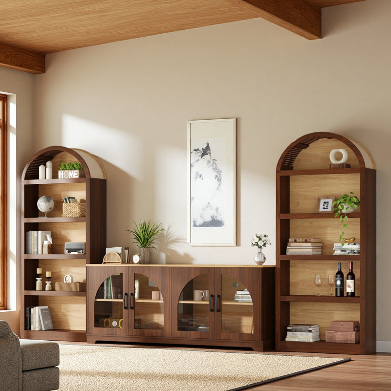 3 Piece Cabinet Set – 71" Tall Kitchen Pantry Set Of 2 And 70"Tall Sideboard With 2 Drawers & Barn Doors, With Hutch, Walnut