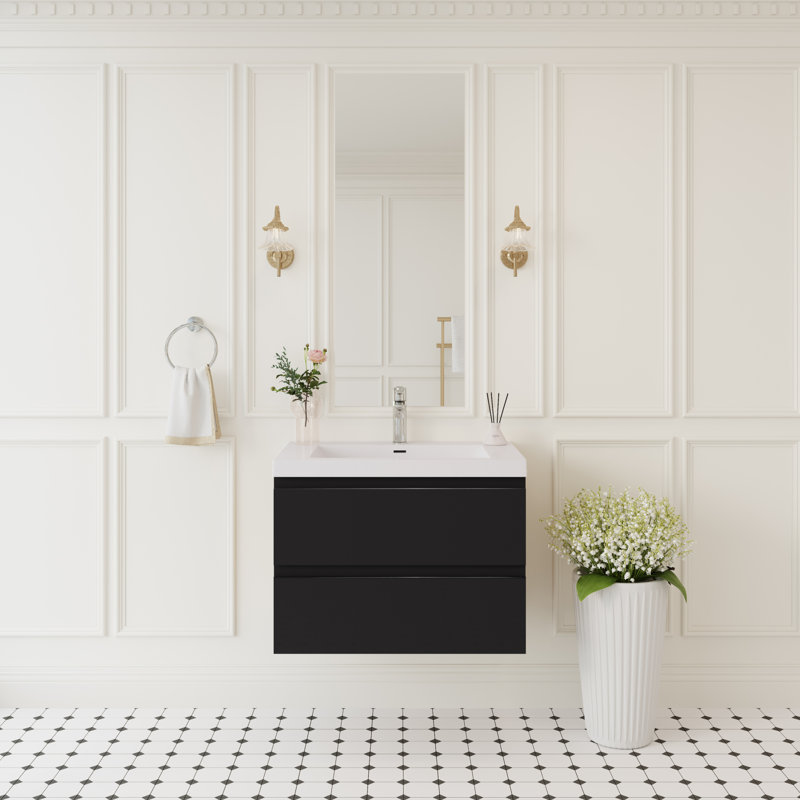 Meuble-lavabo flottant mural avec lavabo en résine et rangement, Noir