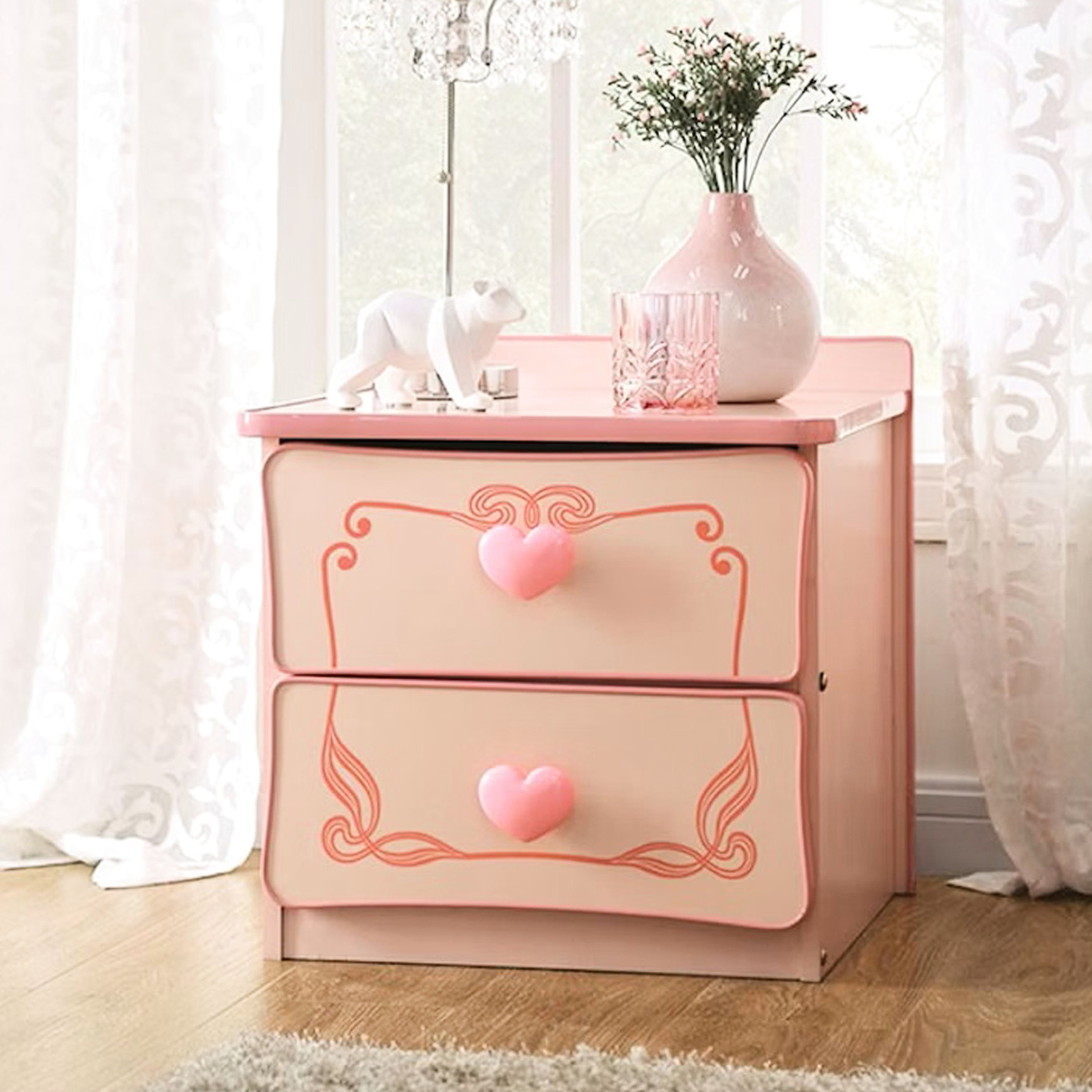 Everly Quinn Nightstand In Pink With 2 Drawers, High Gloss - Heart For ...