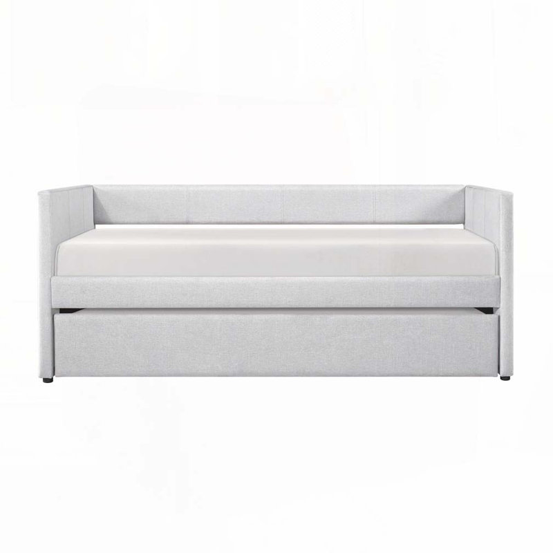 Upholstery Wooden Frame Daybed with Pull Out Trundle, Light Gray
