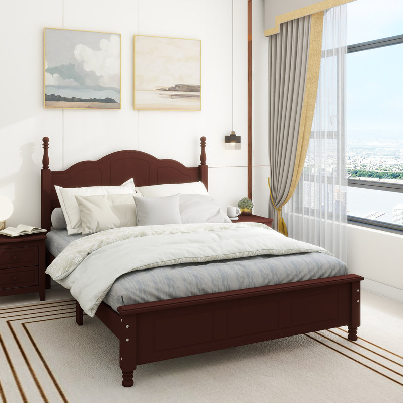 Cadre de lit plateforme en bois, lit plateforme de style rétro avec support en lattes de bois,, Lit double, Noyer
