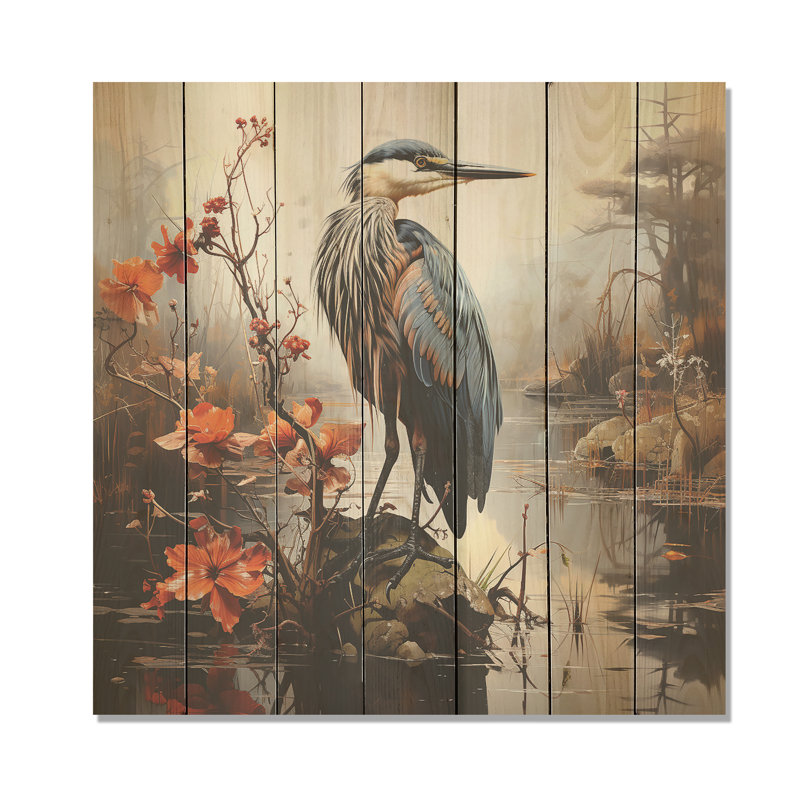Grey And Blue Heron At The Pond I - Heron Animal On Wood Print, 30" H x 30" W