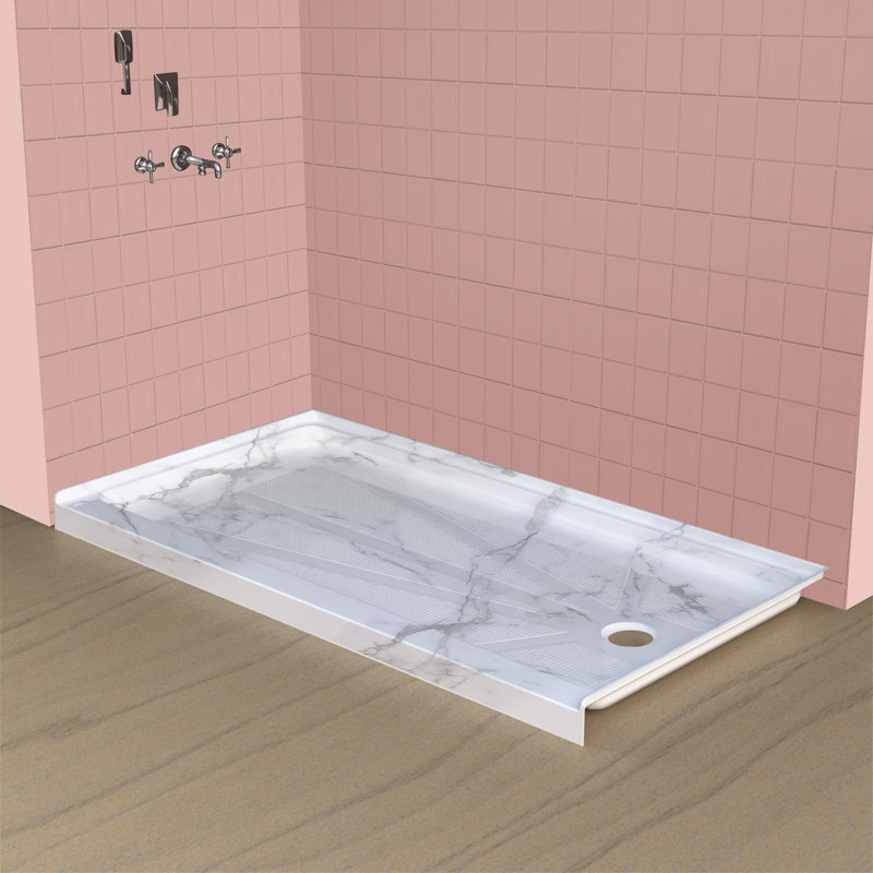 60" x 32" Single Threshold Alcove Shower Base with Right Drain, Integrated Flange and Low Profile Design, Marble White, Right