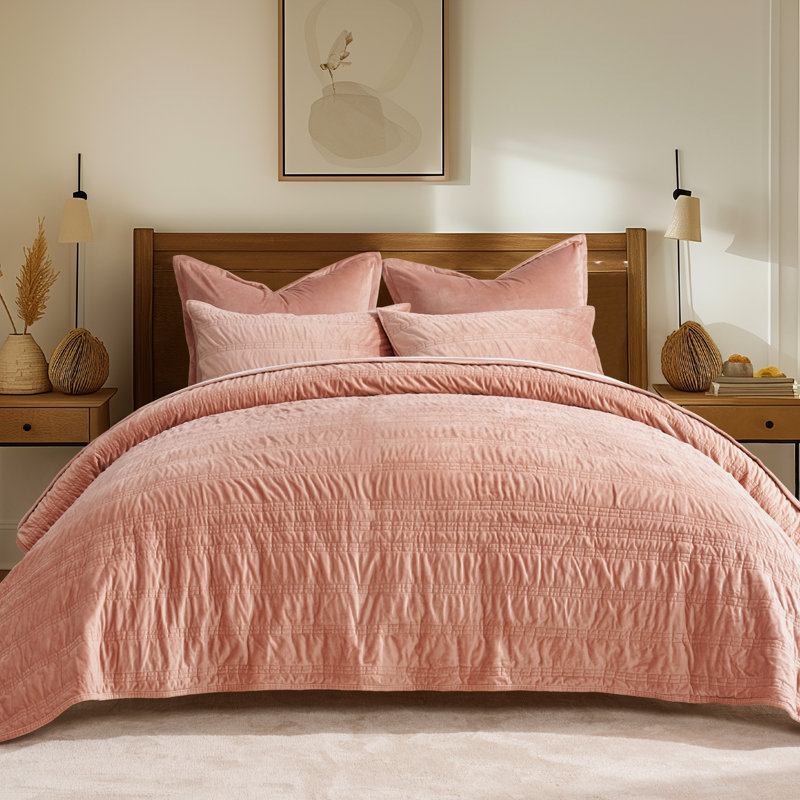 Ruched Crystal Velvet Comforter Set - Luxury Plush Bedding with 2 Shams, Clay, Queen Quilt + 2 Queen Pillow Shams