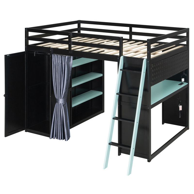 Lit mezzanine pleine grandeur avec garde-robe, tablettes de rangement, rideaux occultants et lumières RVB, lit en bois pour enfants peu encombrant, noir et bleu