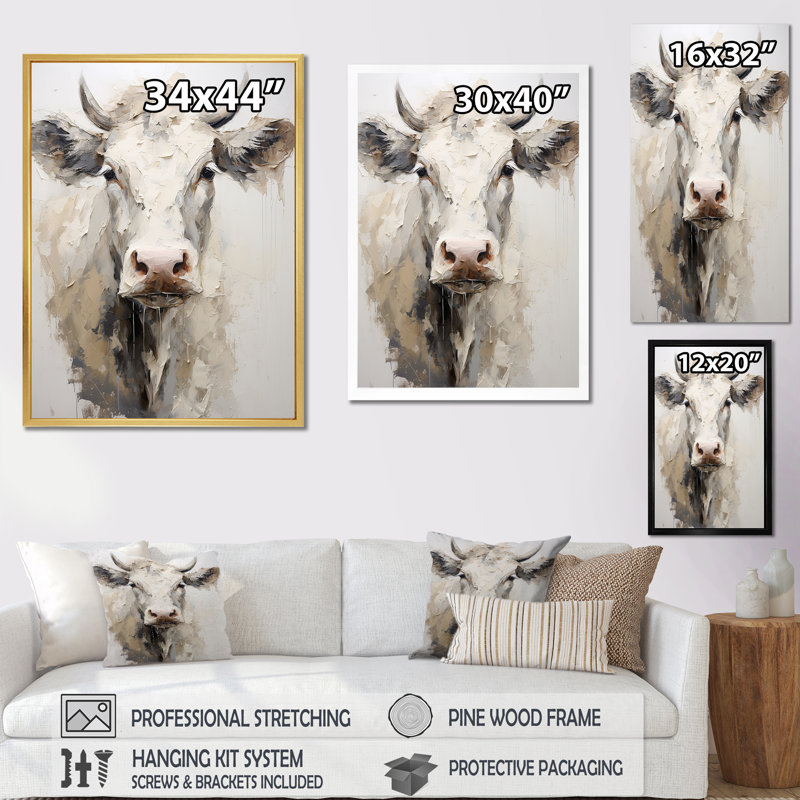 Portrait de vache minimaliste beige - impression, Cadre simple blanc, H 32 po x l 16 po x P 1 po