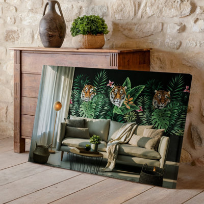 Toile «A Cozy Living Room Doted», un art moderne de canapé de couleur claire orné de coussins texturés doux et une couverture drapée