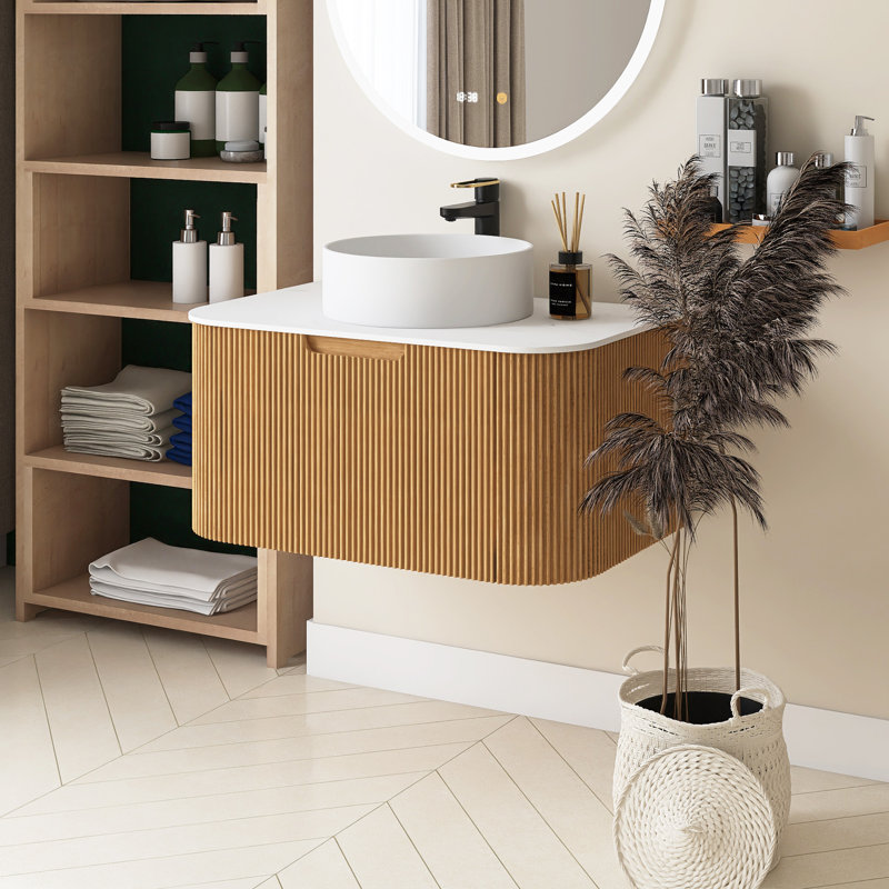 30 po L 19 po x H 19 po, meuble-lavabo mural simple avec plateau en marbre blanc, Bois naturel