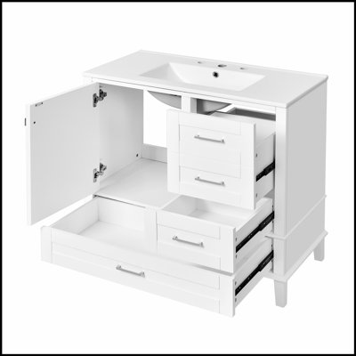 36 Inch White Bathroom Vanity with Solid Pine Frame, Soft Close Door, and 3 Drawers for Modern Storage and Aesthetic Appeal