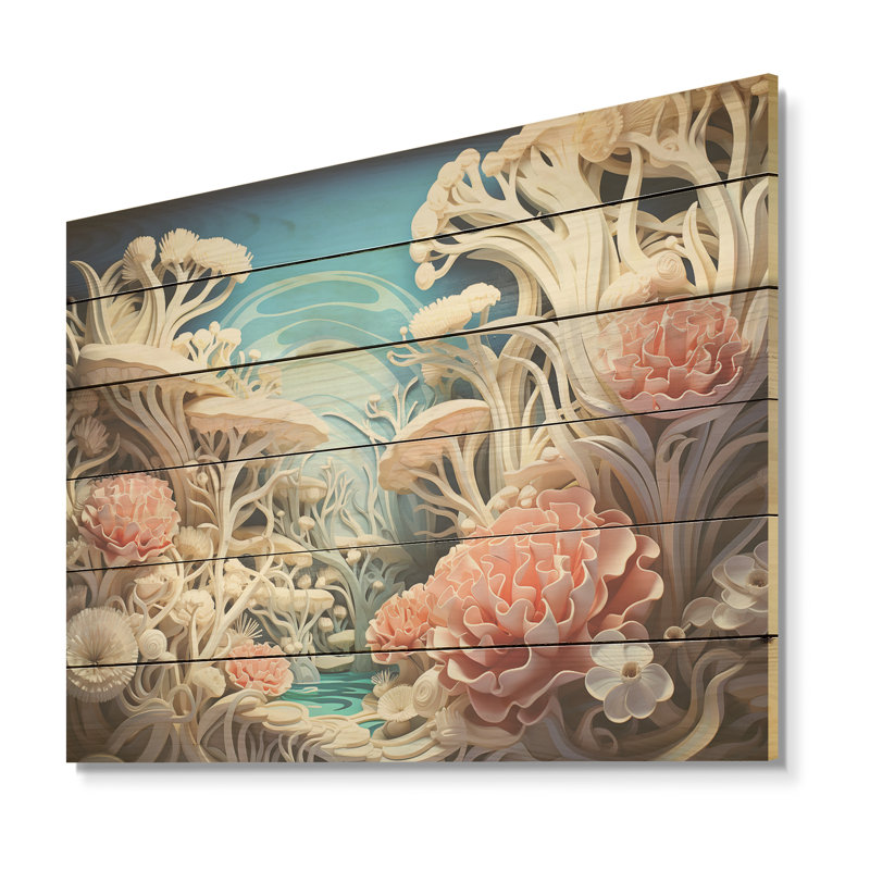 Collage de corail anémone de mer - corail côtier sous l'eau, art mural sur bois de pin naturel, H 30 po x l 40 po