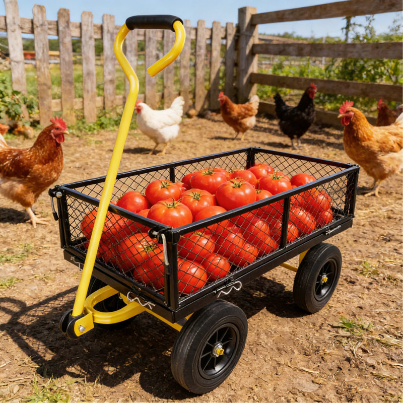Chariot utilitaire de jardin robuste à roues pleines, plateau pour le transport du bois de chauffage, noir et jaune