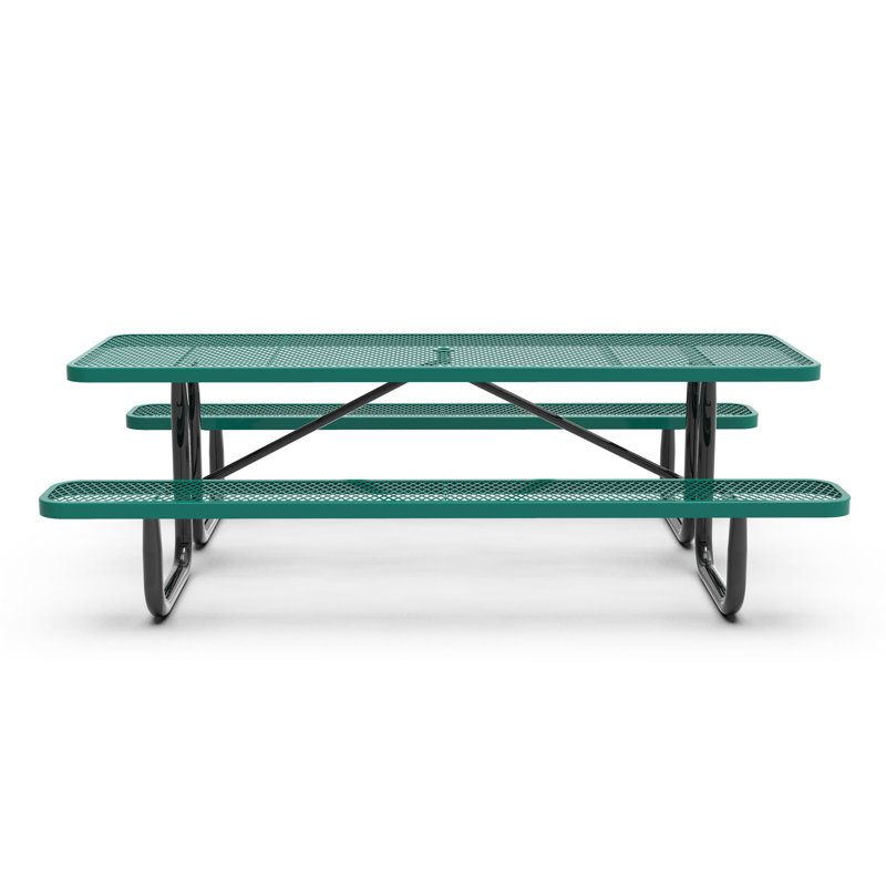 Kristy Commercial Grade Expanded Mesh Metal Outdoor Picnic Table with Anchors, Green, 30" H x 95.75" W x 57.5" D