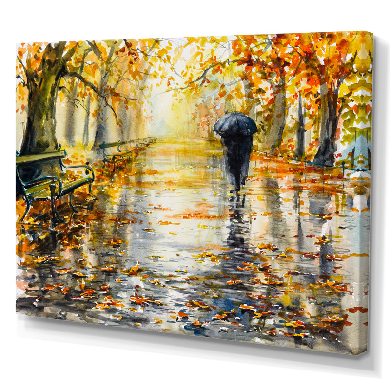 «Couple Walking In Autum Day», reproduction d'art sur toile, H 16 po x l 32 po x P 1 po, Toile tendue
