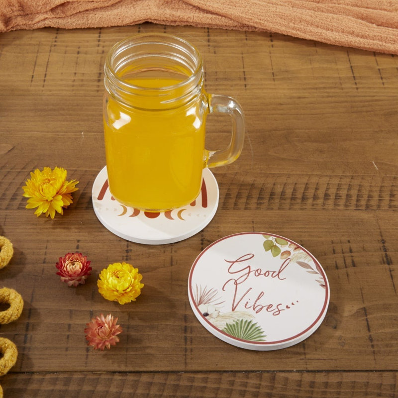 Boho Ceramic Round Coaster Set with Metal Holder, 4 Inches