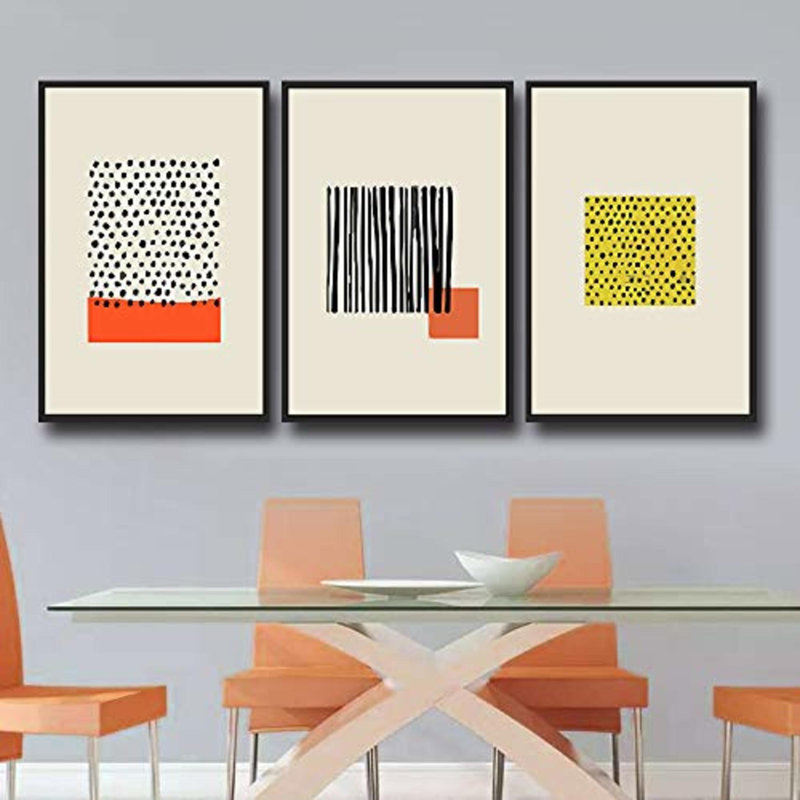 Modern Geometric Abstract Black and Orange Framed Canvas Art Set