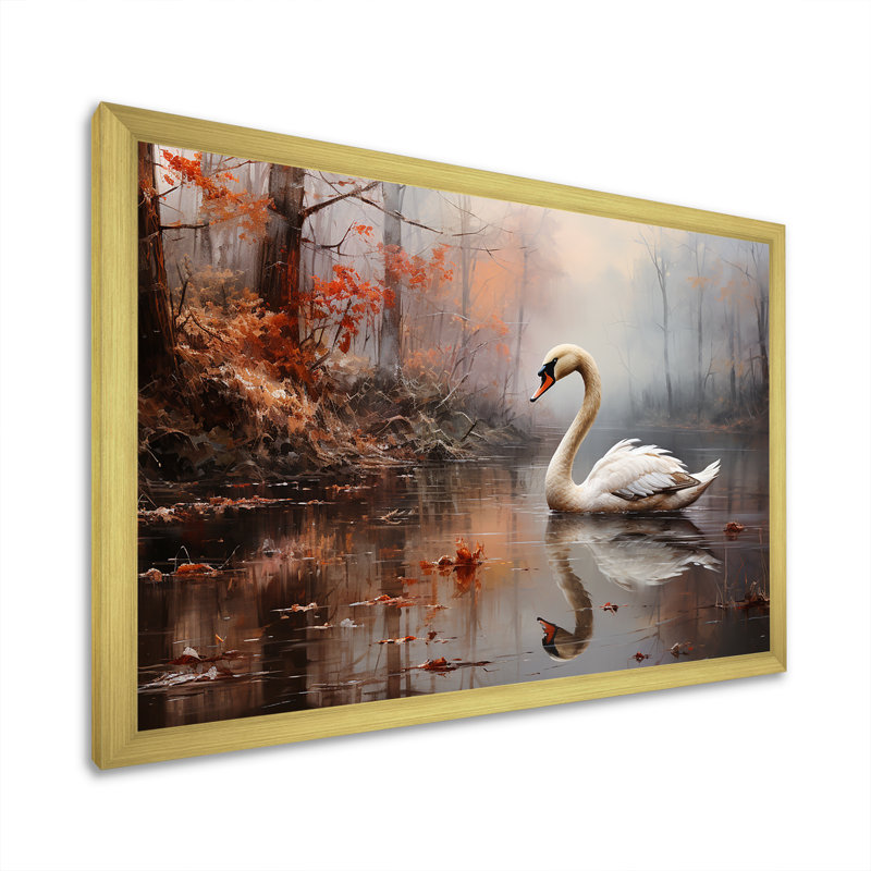 Cygne dans la brume sur toile, Encadrement doré, H 24 po x l 32 po x P 1 po