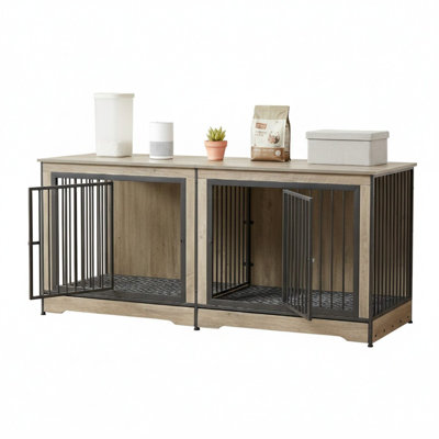 Meuble double 75 po pour 2 chiens de grande taille, table de bout robuste pour caisses pour chien, cage en bois pour chenil intérieur avec double porte, gris