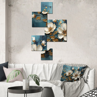 Fleurs blanches et bleues, coquelicots, arbre IV - Abstrait floral carré, ensemble d'art mural de 5