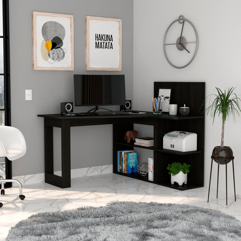 Masai L-Shaped Writing Computer Desk With Five Open Shelves, Sturdy And Space-Efficient Design For Modern Home Offices.