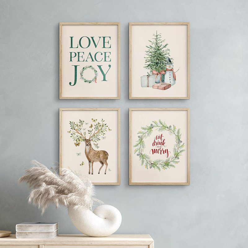 Couronne de Noël, cerf, bonhomme de neige, décor encadré sur papier, impression de 4 pièces, Naturel, H 14 po x l 11 po
