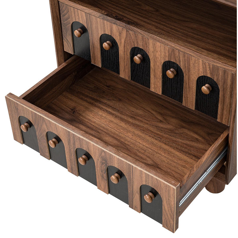 26" Tall Modern Nightstand With Charging Station, 23.75'' Wide Wood Bedside Table W/2 Storage Drawers, Large Mid Century End Table For Bedroom, Living Room, Curve Mirror Design