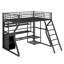 Lit mezzanine double en métal avec poste de travail intégré, garde-robe ouverte, DEL et rangement multiple