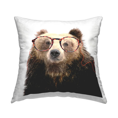 Happy Woodland Bear Glasses Printed Throw Pillow Design By Karen Smith