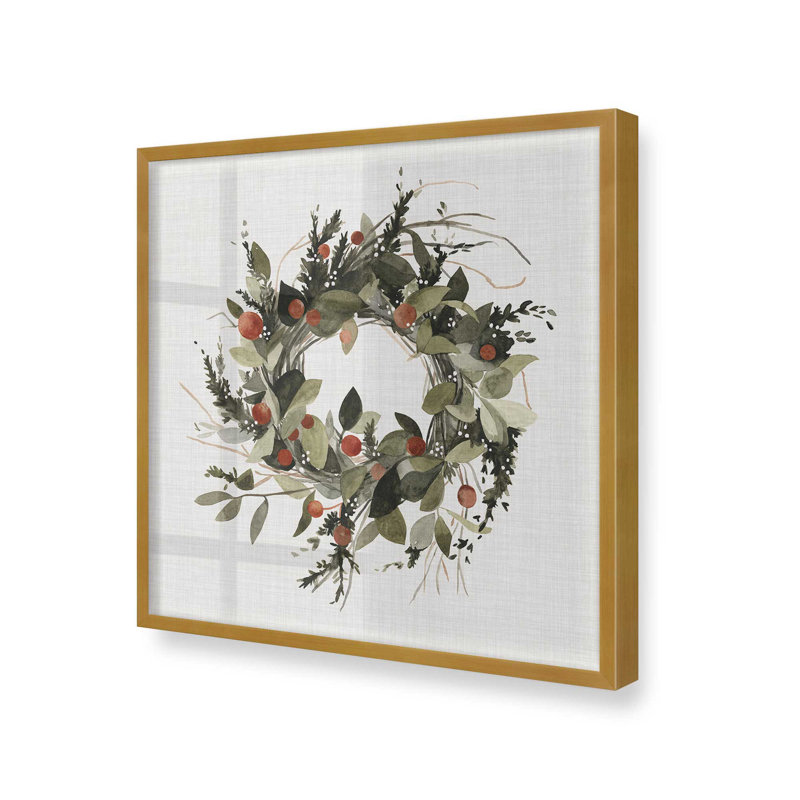 Couronne des Fêtes avec imprimé de baies II, Cadre simple en or poli, bois massif, H 17,75 po x l 17,75 po