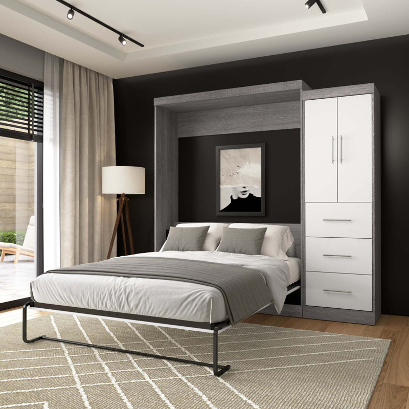 Lit escamotable avec rangement Velora, Gris écorce / blanc, Grand
