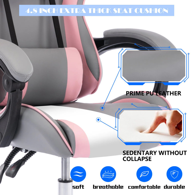 Gaming Chair, Gamer Chair Racing Style Game for Adults Teens, Ergonomic PC with Lumbar Support, 300lbs, Pink/Gray