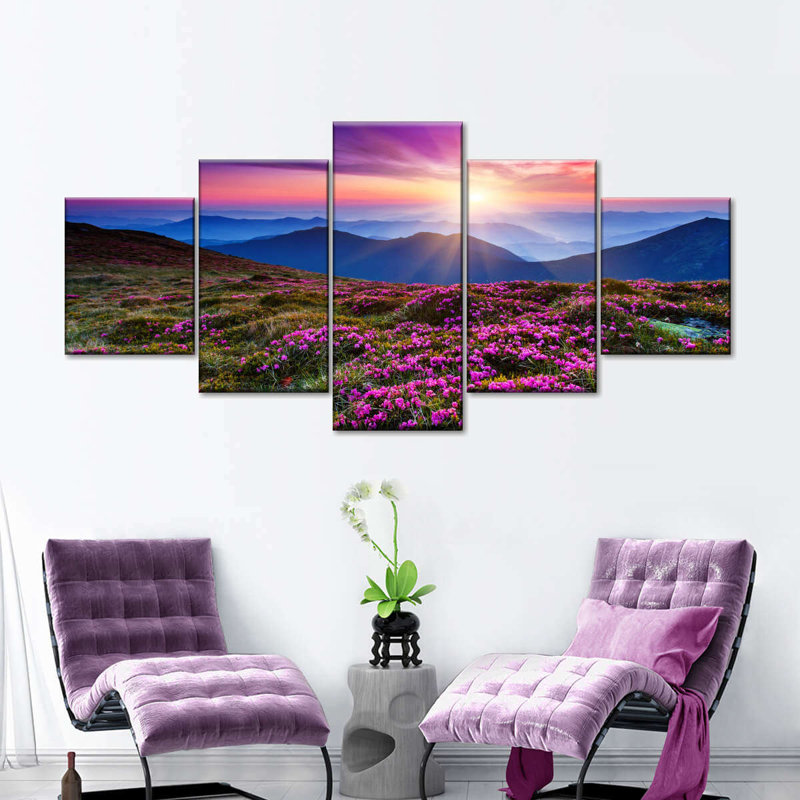 Fleurs roses au coucher du soleil sur toile, ensemble de 5 pièces, H 34 po x l 74 po x P 1,25 po